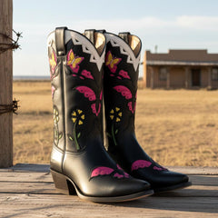 Tuhoomall Western Floral Embroidered Mid-Calf Boots - Slip-On Design, 5cm Chunky Heel, Perfect for Parties and Casual Outings