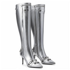 Tuhoomall Comfortable Knee-High Fashion Boots with Zip and Studded Design, 10cm High Heel for Parties, Weddings, and Everyday Stylish Looks