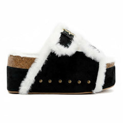 Tuhoomall Blue Faux Suede Fur-Lined Studs Double Buckle Strap Round Platform Cork Sandals Slippers