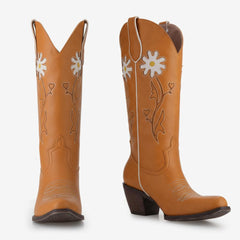 Tuhoomall Western Floral Embroidered Slip-On Mid-Calf Boots - 6 cm Chunky Heel for All-Season Comfort and Style
