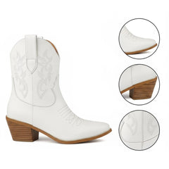 Tuhoomall Western Ankle Boots with Embroidered Pattern, 5cm Chunky Heel, Slip-On Design for Fashion and Travel, Durable Synthetic Fabric Lining