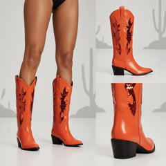Tuhoomall Comfortable Western Boots with Sequins and Floral Design for Stylish Parties, Runway Shows, and Casual Outings - Knee-High Chunky Heel