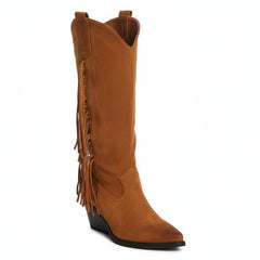 Tuhoomall Western Style Mid-Calf Boots with Tassels, Casual Fashion Footwear, Chunky Heel, Faux Suede, Zipper Closure, All-Season Design