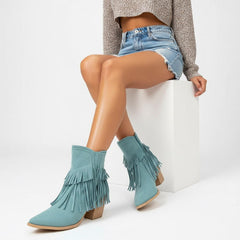 Tuhoomall Western Ankle Boots for Women, Fringed Design, Casual Fashion, Chunky Heel 2.36 in, Zipper Closure, All-Season Comfort