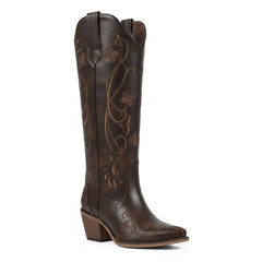 Tuhoomall Tuhoomall Western Knee-High Boots for Women, Floral Embroidered Design, Perfect for Parties, Office, and Casual Wear, 7.5 cm Classic Mid Chunky Heel