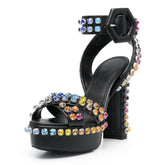 Tuhoomall Stylish Waterproof Platform High Heeled Sandals with Adjustable Ankle Strap and Geometric Rhinestone Design for Summer Elegance