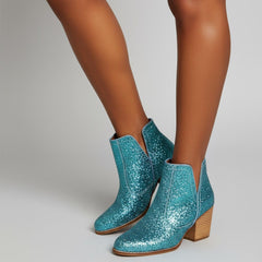 Tuhoomall Glitter Ankle Boots for Women, 3-Inch Chunky Heel, Shiny Pointed Toe, Perfect for Parties and Fashion Events