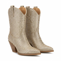 Tuhoomall Rhinestone Embellished Ankle Boots for Women, Chunky Heel 6.5 cm, Slip-On Pointed Toe Short Booties for Parties and Weddings