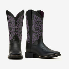 Tuhoomall Western Cowboy Boots for Women, Comfortable Mid-Calf Booties with Floral Embroidery, Perfect for Travel and Casual Wear, Chunky Heel Design