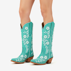 Tuhoomall Western Cowboy Knee High Boots with Floral Embroidery - Comfortable Chunky Heel for Casual, Work, Travel and Party Wear