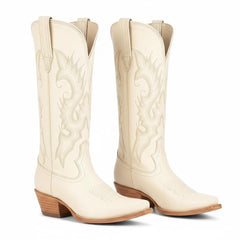 Tuhoomall Western Cowgirl Boots Mid Calf Chunky Heel Slip-On Embroidered Fashion Boots for Travel Outdoor Classic Style