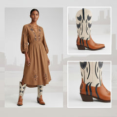 Tuhoomall Western Cowboy Boots for Women, Comfortable Floral Embroidered Mid-Calf Booties for Parties, Casual Wear and Events