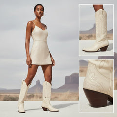 Tuhoomall Western Boots for Women with Embroidery, Chunky Heel 2.00 in, Mid-Calf Length, Vegan Leather, Casual Fashion Footwear, All Seasons