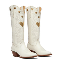 Tuhoomall Western Knee High Boots With Rubber Sole, 5cm Chunky Heel, Embroidered Sweet Pink Hearts For Casual Fashion All Year Round