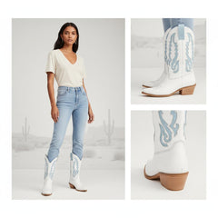 Tuhoomall Western Cowboy Boots for Women, Chunky Heel, Pointed Toe, Slip-On Design, Embroidered Detail, Casual Style, Year-Round Versatility