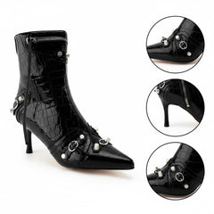 Tuhoomall Stylish Women's Ankle Boots with Zipper, Fringe and Studs for Parties and Casual Outings, Comfortable 3.55 Inch High Heels