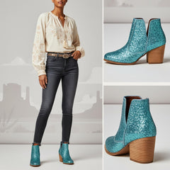 Tuhoomall Glitter Ankle Boots for Women, 3-Inch Chunky Heel, Shiny Pointed Toe, Perfect for Parties and Fashion Events