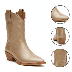 Tuhoomall Metallic Cowboy Ankle Boot with Chunky Block Heel, Pointed Toe, Embroidered Design for Casual Fashion Use, Vegan Leather, All Seasons