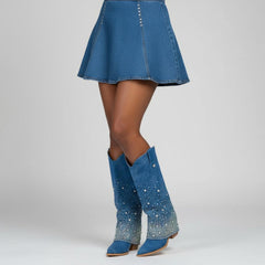 Tuhoomall Western Denim Mid Calf Boots With Chunky Heel, Pointed Toe, Rhinestone Embellishments For Casual Style, 13 In Shaft Height