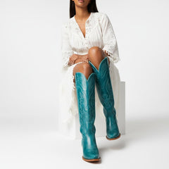 Tuhoomall Faux Suede Knee High Western Boots with Embroidered Eagles for Fashion, Travel, and Parties, 2.36 in Chunky Heel