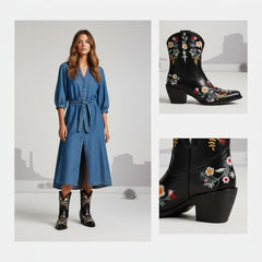 Tuhoomall Stylish Western Ankle Boots with Floral Embroidery, Rubber Sole, Chunky 5cm Heel for Classic and Casual Looks
