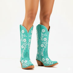 Tuhoomall Western Cowboy Knee High Boots with Floral Embroidery - Comfortable Chunky Heel for Casual, Work, Travel and Party Wear