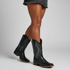 Tuhoomall Western Mid Calf Boots For Women, Chunky Heel, Square Toe, Embroidered Design, Slip-On, Fashion Casual, All Season, Rubber Sole