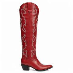 Tuhoomall Western Knee-High Boots with Elegant Embroidery, Stylish Mid Heel for Casual and Office Wear, Durable Faux Suede Leather, All-Season Fashion