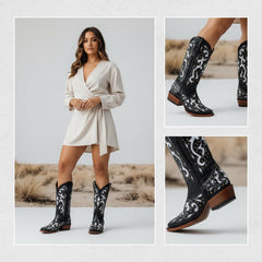 Tuhoomall Mid-Calf Western Boots with Glitter Inlays and Rivets for Casual Parties and Performances