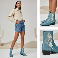 Tuhoomall Pointed-Toe Chunky Heel Ankle Booties with Zipper Closure - Fashionable Floral Applique Design for Parties and Everyday Wear