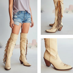 Tuhoomall Western Over Knee Boots with Fringe and Heart Pattern, Block Heel 2.76in, Zipper Closure, Faux Suede for Fashionable Boho Lifestyle