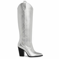 Tuhoomall Western Knee-High Boots for Women, Slip-On High Heels 3.74in, Metallic Finish, Fashion-Forward Design, Perfect for Performances and Street Style Tuhoomall