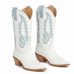 Tuhoomall Western Cowboy Boots for Women, Chunky Heel, Pointed Toe, Slip-On Design, Embroidered Detail, Casual Style, Year-Round Versatility