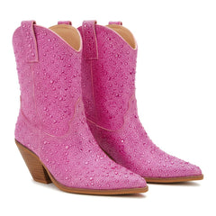 Tuhoomall Rhinestone Embellished Ankle Boots for Women, Chunky Heel 6.5 cm, Slip-On Pointed Toe Short Booties for Parties and Weddings