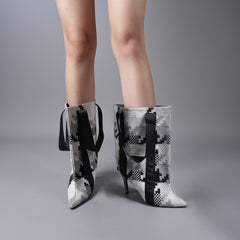 Tuhoomall Chic Black And White Checkered Ankle Boots For Parties And Performances With High Stiletto Heels And Convenient Slip-On Design