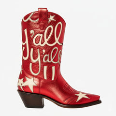 Tuhoomall Comfortable Western Boots for Fashion Parties and Daily Wear with Star and Letter Embroidery, Chunky Heel, Slip-On Design
