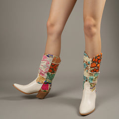 Tuhoomall Ivory Floral Embroidered Crystal Cowgirl Mid Calf Boots with Chunky Heel for Fashion Casual Wear