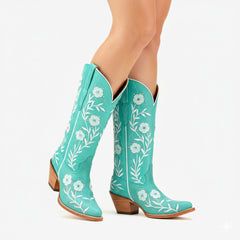 Tuhoomall Western Cowboy Knee High Boots with Floral Embroidery - Comfortable Chunky Heel for Casual, Work, Travel and Party Wear