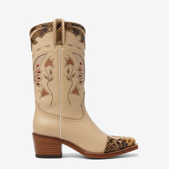 Tuhoomall Floral Embroidered Retro Mid-Calf Boots for All-Weather Fashion Casual Wear - Square Toe, Low Chunky Heel, Slip-On Design Tuhoomall