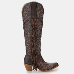 Tuhoomall Western Knee-High Boots with Chunky Heel, Embroidered Fringe Design, Stylish for Casual and Special Occasions, Durable Rubber Sole