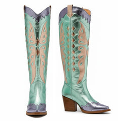Tuhoomall Western Cowgirl Mid Calf Boots with Snip-Toe and Chunky Heel for Fashion Parties and Performances, Animal Pattern, Metallic Bright Surface