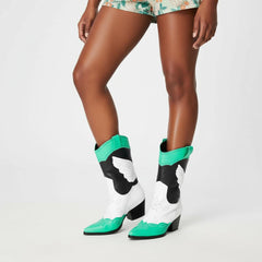 Tuhoomall Colorful Metallic Western Mid Calf Boots with Embroidery, Pointed Toe, Comfort Block Heel for Casual Wear