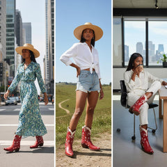 Tuhoomall Western Ankle Boots for Women, 5.5cm Heeled Slip-On, Geometric Pattern with Embroidery, Casual Stylish Mid-Calf Footwear for All Seasons