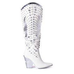 Tuhoomall Pointed-Toe Mid Calf Boots With Rhinestones For Fashion Parties | Chunky Heel, PU Upper, All-Season Style