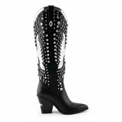 Tuhoomall Pointed-Toe Mid Calf Boots With Rhinestones For Fashion Parties | Chunky Heel, PU Upper, All-Season Style Tuhoomall