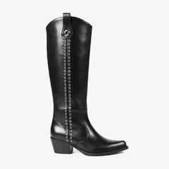 Tuhoomall Western Style Knee-High Fashion Boots with Studded Design, Comfortable Slip-On Chunky Heel for Parties and Casual Wear Tuhoomall