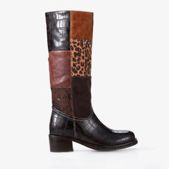 Tuhoomall Stylish Mid-Calf Boots for Parties and Evenings, Round Toe, Low Chunky Heel, Chic Patchwork Design with Snake, Crocodile, Leopard Print Tuhoomall