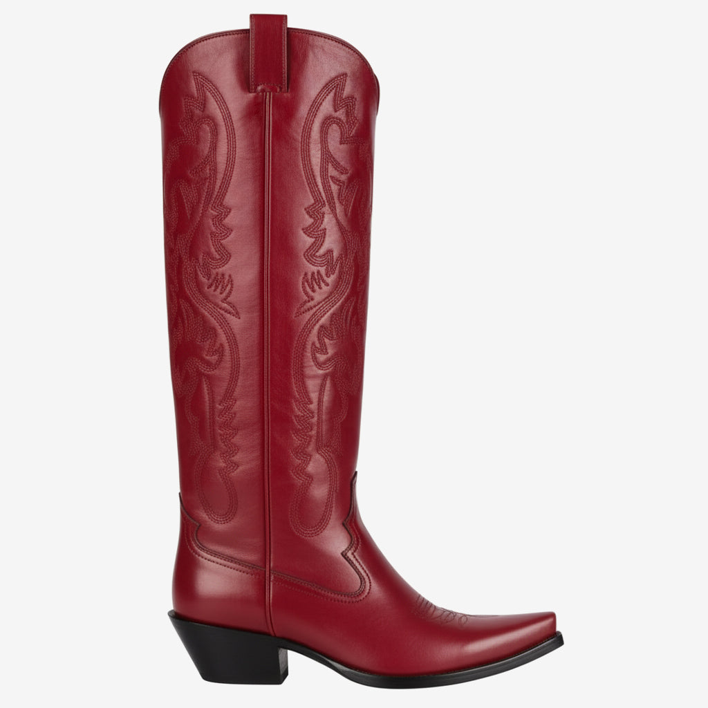 Tuhoomall Western Style Floral Embroidery Knee High Boots for Work - 5.6 cm Chunky Heel, Rubber Sole, Slip-On Design, Classic Fashion وترتیب Tuhoomall