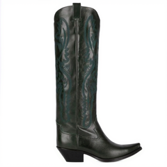 Tuhoomall Western Style Floral Embroidery Knee High Boots for Work - 5.6 cm Chunky Heel, Rubber Sole, Slip-On Design, Classic Fashion وترتیب