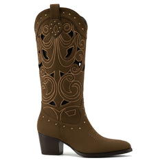 Tuhoomall Stylish Western Cowboy Boots with Floral Embroidery, Chunky Heel, Slip-On Design, Breathable Hollow for Casual and Dressy Occasions